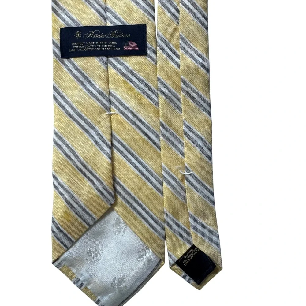 Brooks Brothers Silk Linen Tie Mens OS Yellow Grey Striped Preppy Ivy League